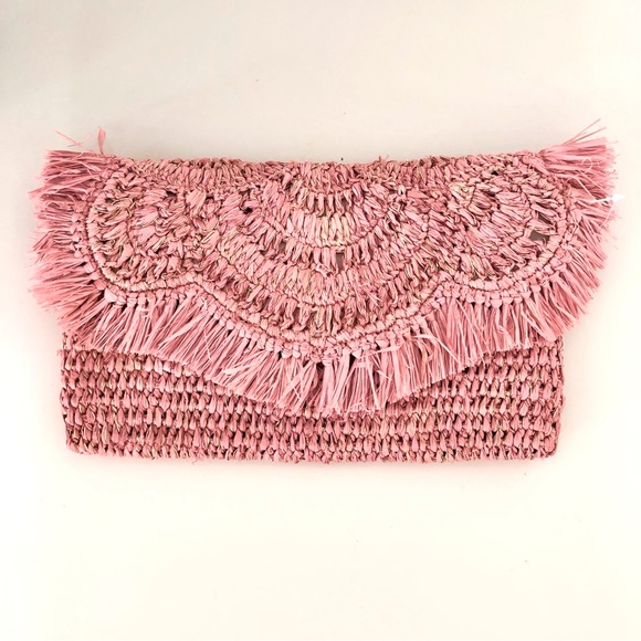 Nordstrom Brand Pink / Metallic Raffia Straw Clutch Bag. - Picture 2 of 11